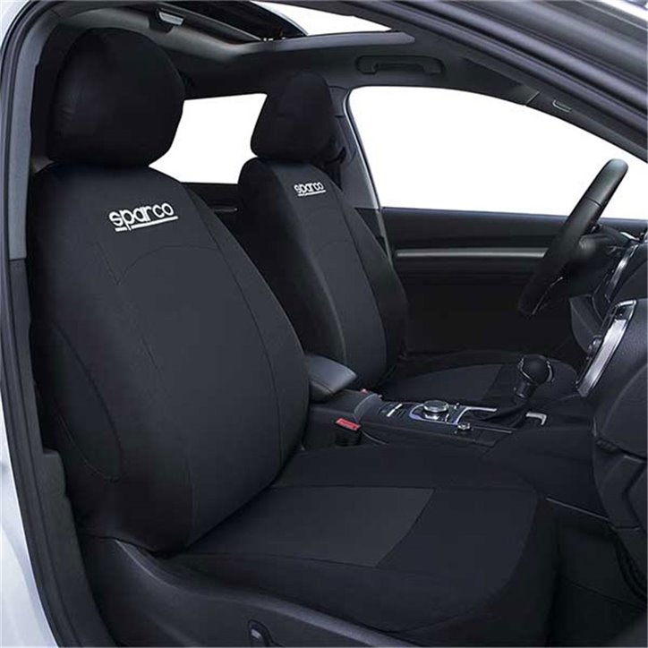 Housses De Siège Voiture Universelles Sakura Knightsbridge - Ensemble Complet (avant/arrière/appuie-tête), Tissu Noir Coutures Blanches - 6